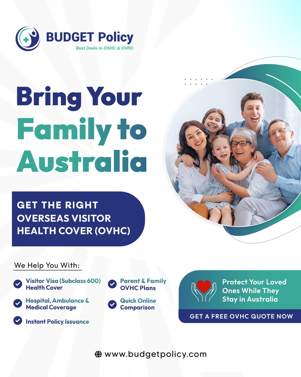 policy_budget's tweet image. Reliable OVHC for families visiting Australia 🇦🇺

✔ Visitor Visa (Subclass 600) compliant
✔ Hospital &amp;amp; medical cover
✔ Parent &amp;amp; family plans
✔ Quick policy issuance
Protect your loved ones while they stay in Australia.
👉 budgetpolicy.com
#OVHC #VisitorVisa600