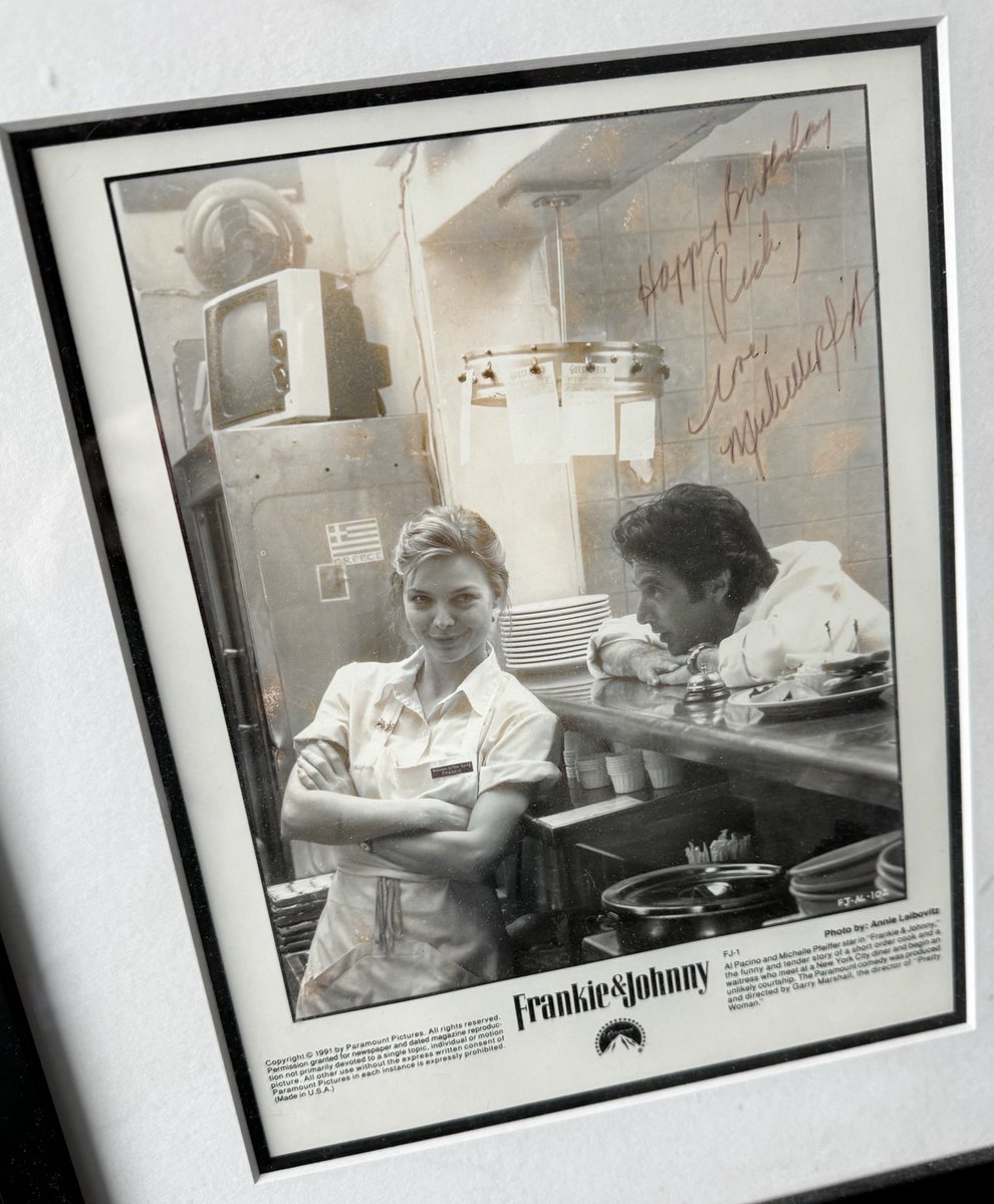 I have never asked anyone for an autograph, ever -- but after I interviewed Michelle Pfeiffer for "Frankie and Johnny" in 1991, and she found out it was my birthday, she sent me this. So lovely.