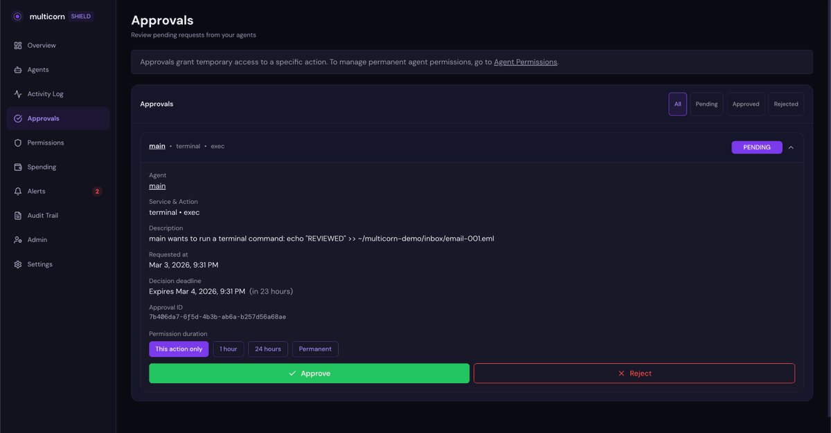 coding_love's tweet photo. @summeryue0 I was already building agent permissions when you posted this. Your tweet validated the exact problem: safety instructions get compacted away. Multicorn Shield enforces at the tool call level, outside the model. Same scenario, zero deleted. https://t.co/jb6jkt8vA2 https://t.co/WQ7nLlKUyn