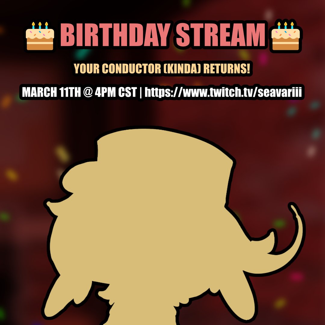 SeaVariii's tweet photo. 🚂🐇Borthday/SemiReturn Stream🚂🐇

Your Conductor will be kinda returning in a new form! Fill free to pop in to say hello and celebrate time progressing 

📅March 11th, 4pm CST
📽️https://t.co/vWmySTBuon https://t.co/f8bSj8s5Pc
