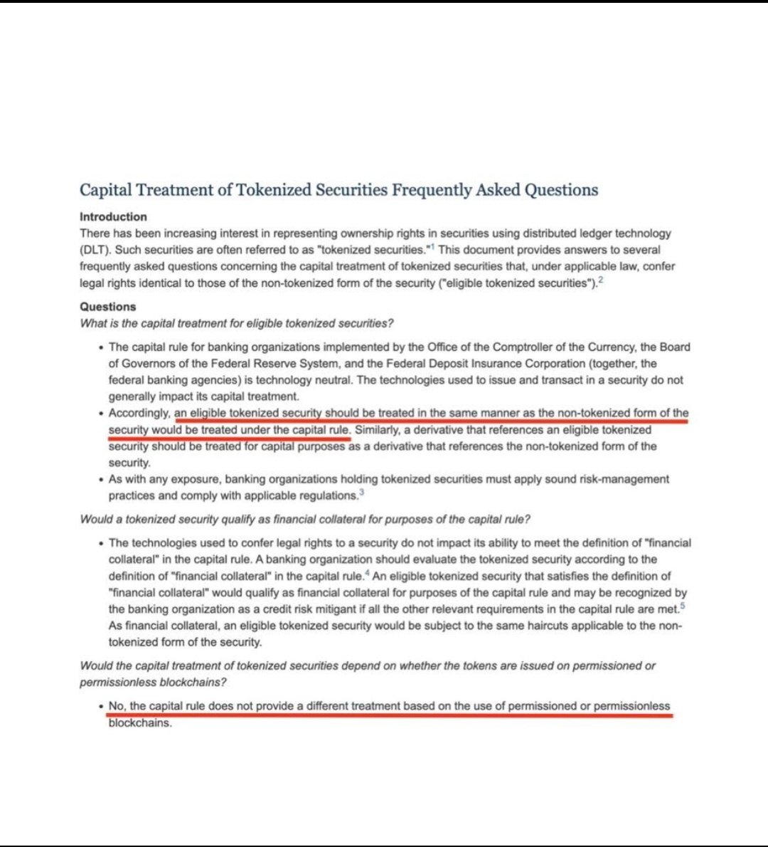 Godanaenterpris's tweet photo. BREAKING: 🇺🇸 The US just quietly gave banks the green light to hold tokenized securities and this is a BIG.

The Fed, OCC and FDIC just released a joint statement. Three of America's most powerful financial regulators speaking with one voice.

The message was simple.

Tokenized securities get the same capital treatment as traditional securities. Same rules. Same collateral recognition. Same risk weighting. Blockchain or no blockchain makes no difference.

This is bigger than most people realize.
Banks were previously sitting on the sidelines waiting for regulatory clarity on crypto assets. That excuse just disappeared.

A tokenized Treasury bond is now treated exactly like a regular Treasury bond on a bank's balance sheet.

A tokenized stock is treated exactly like a regular stock. Permissioned blockchain or public blockchain. Doesn't matter. Same treatment.
What this means in plain English.

Every major US bank can now hold, trade and use tokenized assets as collateral without any regulatory penalty.

Trillions of dollars in traditional assets are about to find a new home on blockchain.

The Wall Street just got permission to move into Crypto on a much bigger scale.