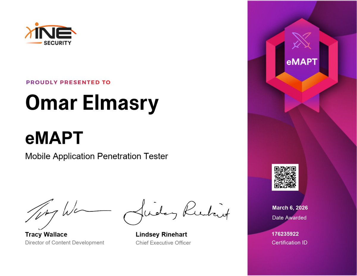 الْحَمْدُ لِلَّهِ❤️
eLearnSecurity Mobile Application Penetration Tester (eMAPT) 

Link : certs.ine.com/c4029370-f2f4-…

#eMAPT #MobileSecurity #PenetrationTesting