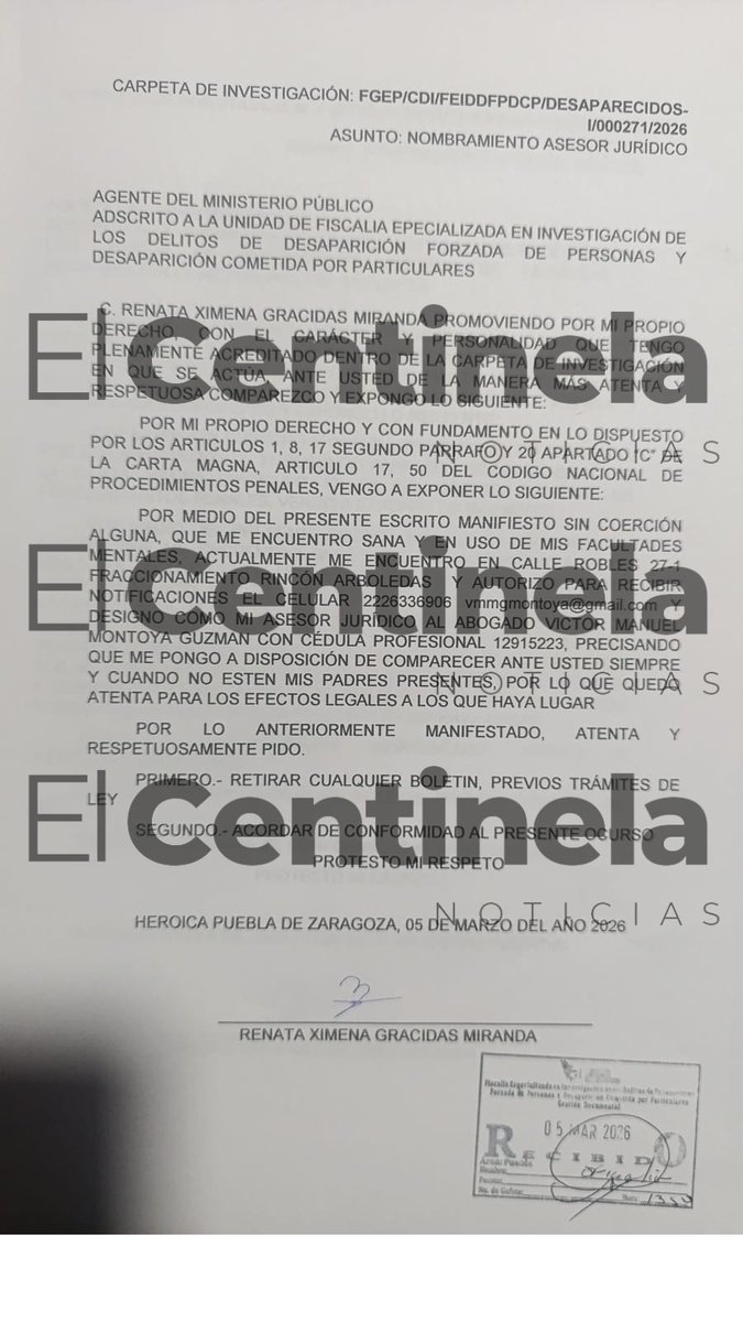 centinelanoti's tweet photo. #Puebla | 📢 ¡Se encuentra bien! 
Renata Ximena, quien había sido reportada como desaparecida el 4 de marzo, reapareció para aclarar que se encuentra en buen estado.
Acudió a la FGE de Puebla para levantar un oficio en el que señaló que todo está bien 👇🏻
#elcentinelanoticias https://t.co/7GErbwI13z