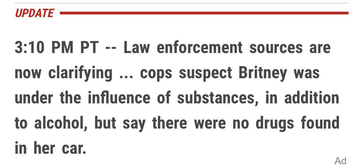 BritneyTheStan's tweet photo. BREAKING: There were NO DRUGS found in Britney’s car. She is innocent! #JusticeForBritney https://t.co/LhH6wKT678