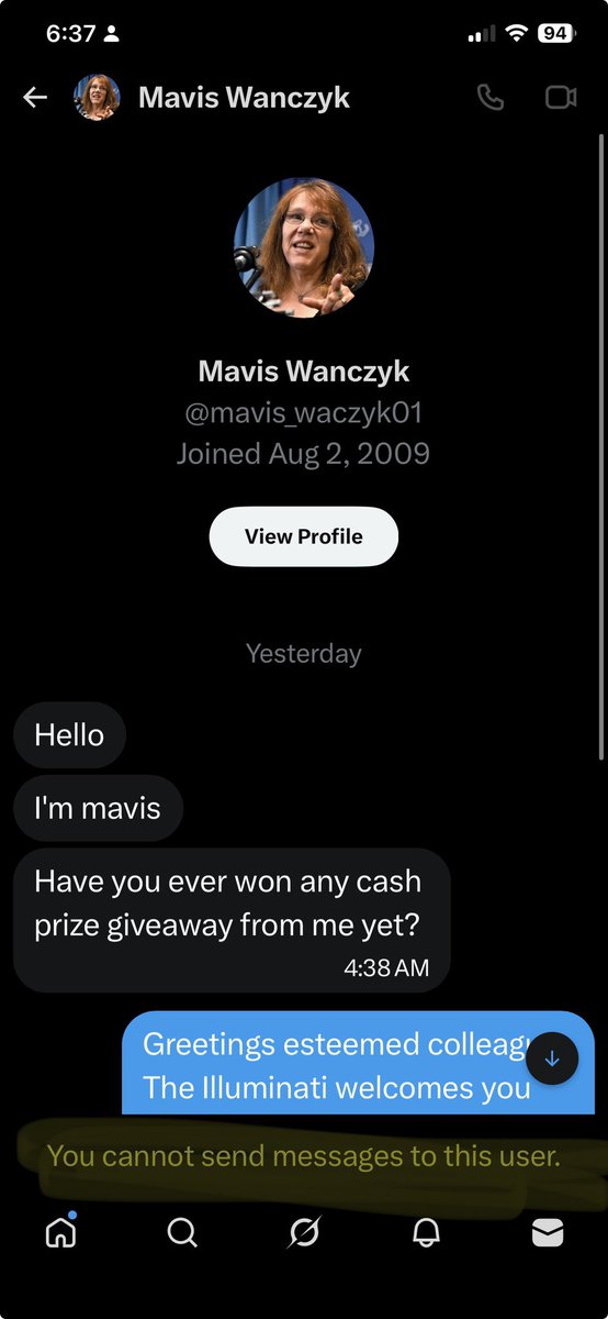 Frankodynamite's tweet photo. When Mavis realized I was with the Illuminati, she blocked my DMs. I guess she doesn’t want to join the brethren. https://t.co/byLHe2MocG