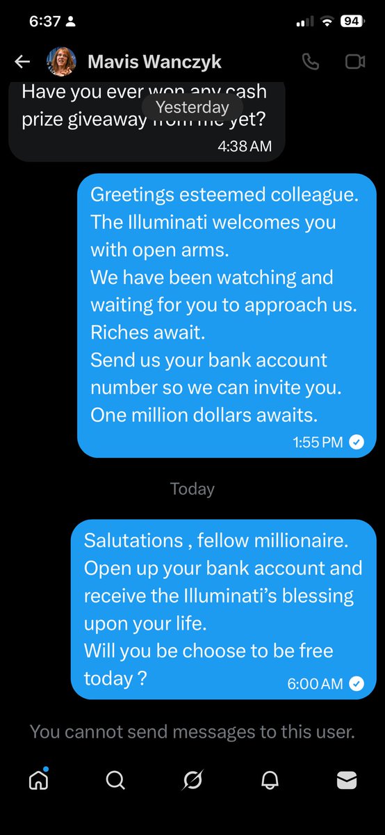 Frankodynamite's tweet photo. When Mavis realized I was with the Illuminati, she blocked my DMs. I guess she doesn’t want to join the brethren. https://t.co/byLHe2MocG