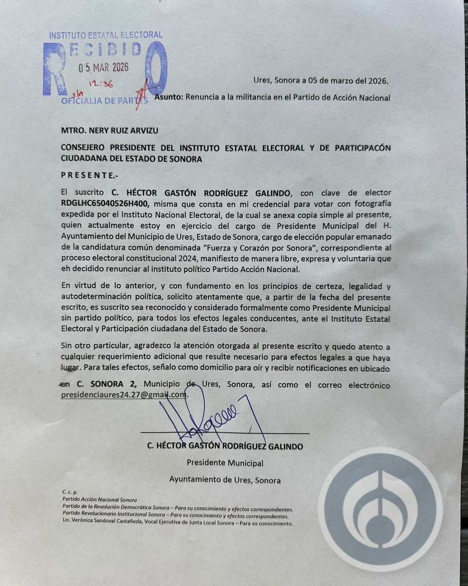 michelleriveraa's tweet photo. 🔴 #ÚLTIMAHORA #SONORA ¡otro alcalde abandona su partido!  El presidente municipal de #URES, Héctor Gastón Rodríguez, emanado del #PAN, renuncia ante el @IEESonora y pide ser declarado INDEPENDIENTE (sin partido) https://t.co/kxXWbB81DB