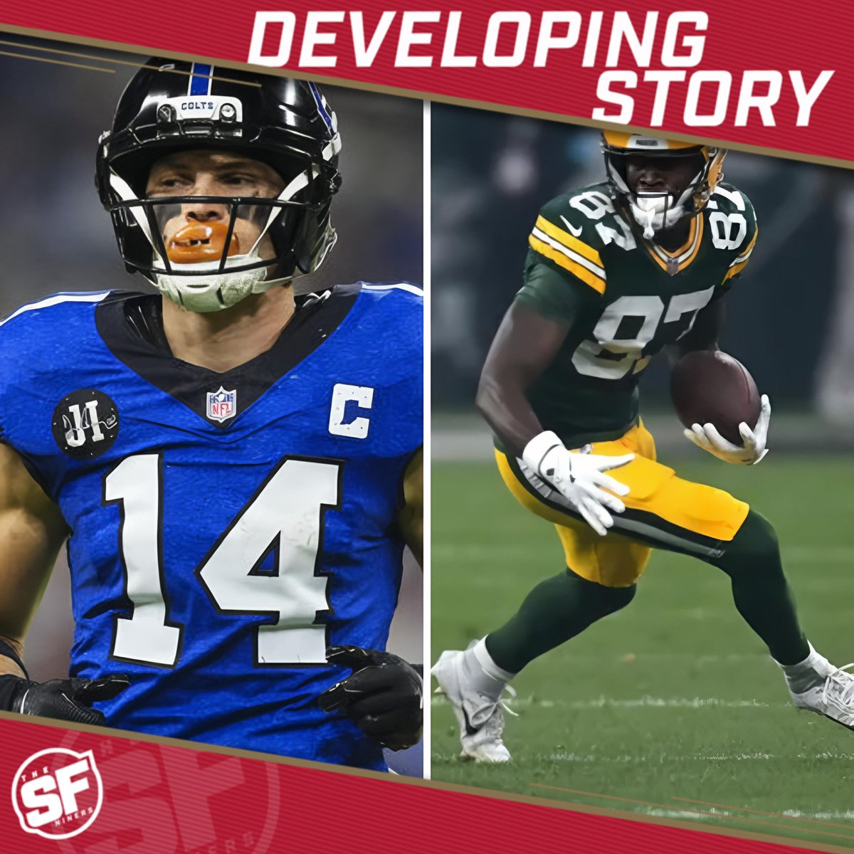 TheSFNiners's tweet photo. The #49ers have reportedly shown interest in FA WR’s Alec Pierce and Romeo Doubs, per @AlbertBreer 

“I’ve heard they have an interest in both Alec Pierce and Romeo Doubs on the free-agent market”

(h/t @Coach_Yac) https://t.co/Xr4jk3T2PF