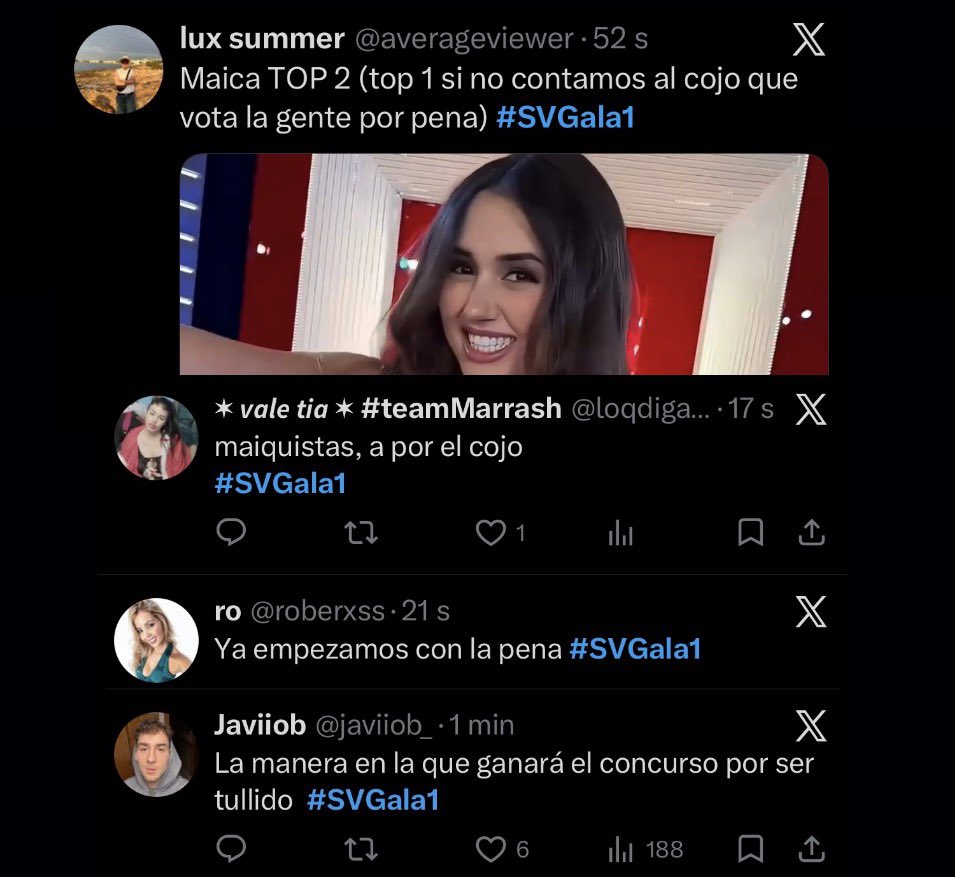 Es una puta vergüenza que el fandom de Maica esté todo el puto día pidiendo respeto y comprensión por las fobias de Maica y alabando su “superación” mientras se burlan y llaman tullido a un chico con diversidad funcional. 

Es el súmum de la hipocresía y de ser sinvergüenza.