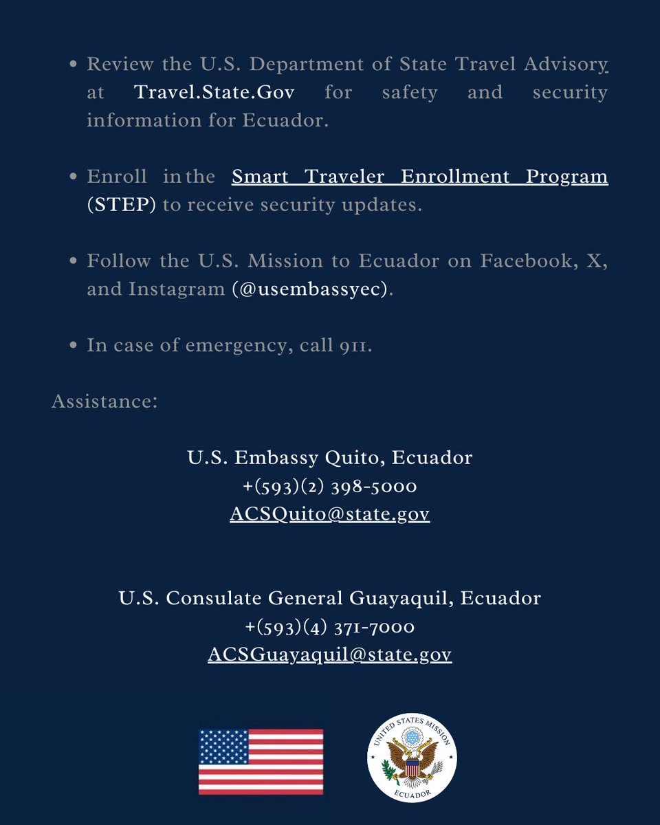 Sharing a message sent to registered American citizens in Ecuador via the Smart Traveler Enrollment Program (STEP):

Security Alert Message – U.S. Embassy Quito, Ecuador (March 5, 2026) 

Stay updated by enrolling in STEP: mytravel.state.gov/s/step