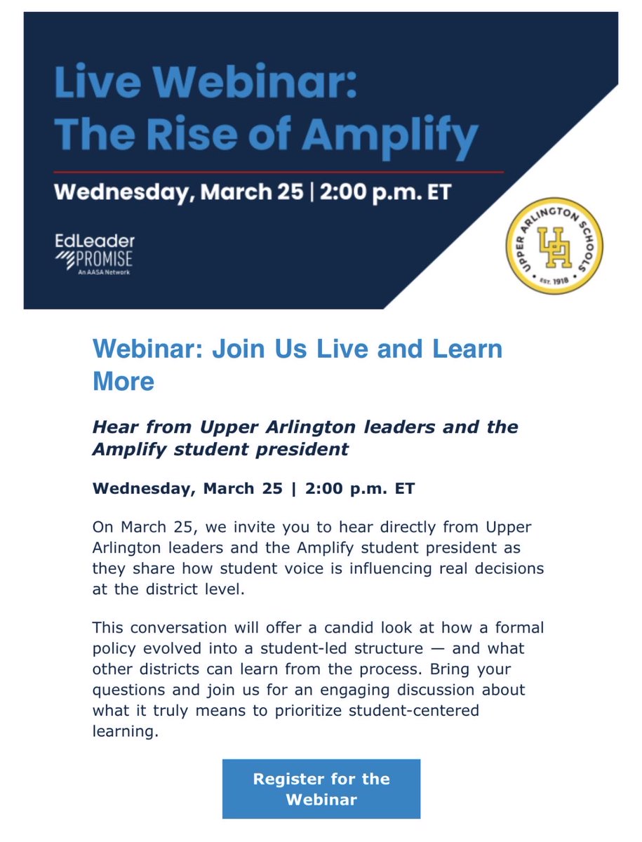 mdeniselutz's tweet photo. Excited about @UA_Schools Amplify student voice committee launched this year. From board vision to active leadership. Our program is getting noticed. We will be highlighted later this month in the AASA EdLeader Promise Network. Register: https://t.co/ygyWmVp1fP https://t.co/GZVWtETpNU