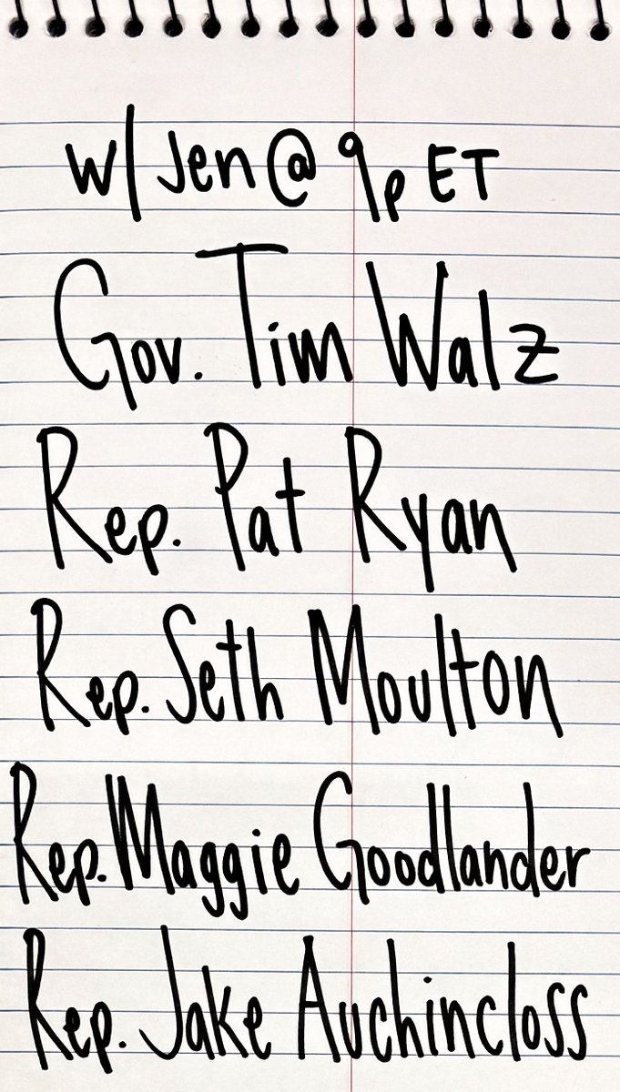 Tonight on The Briefing!

Gov. Tim Walz <a href="/GovTimWalz/">Governor Tim Walz</a> 
Rep. Pat Ryan <a href="/RepPatRyanNY/">Rep. Pat Ryan</a> 
Rep. Seth Moulton <a href="/sethmoulton/">Seth Moulton</a> 
Rep. Maggie Goodlander <a href="/RepGoodlander/">Congresswoman Maggie Goodlander</a> 
Rep. Jake Auchincloss