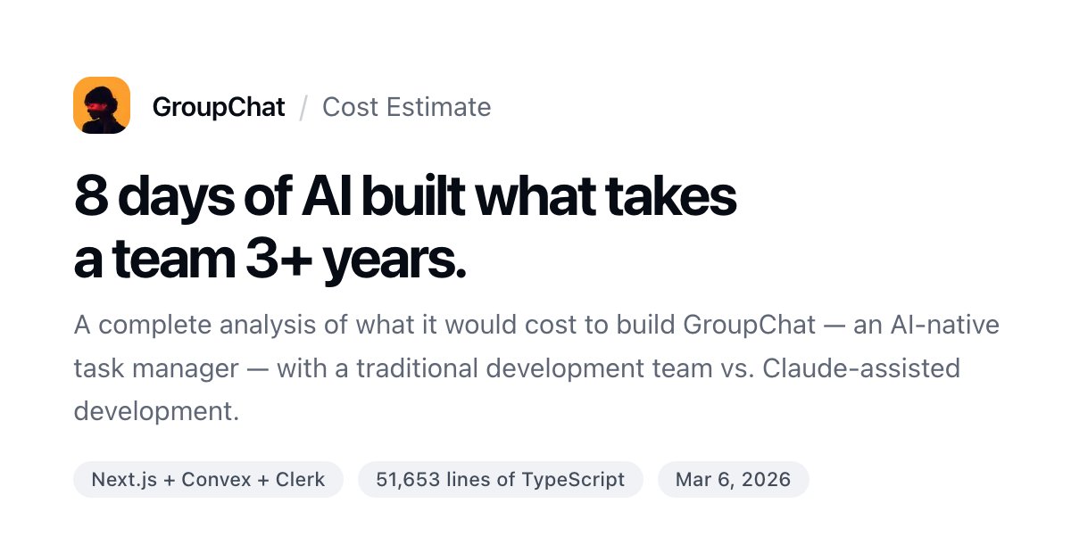 timscullin's tweet photo. I ran this prompt over the GroupChat codebase and it claims it built 3 years of code in 8 days, with an estimated $594K worth of value

We spent about 1B tokens and it replaced asana and a bunch of other internal tools we were using, plus allows us to use agents in our workspace.

prompt in comments