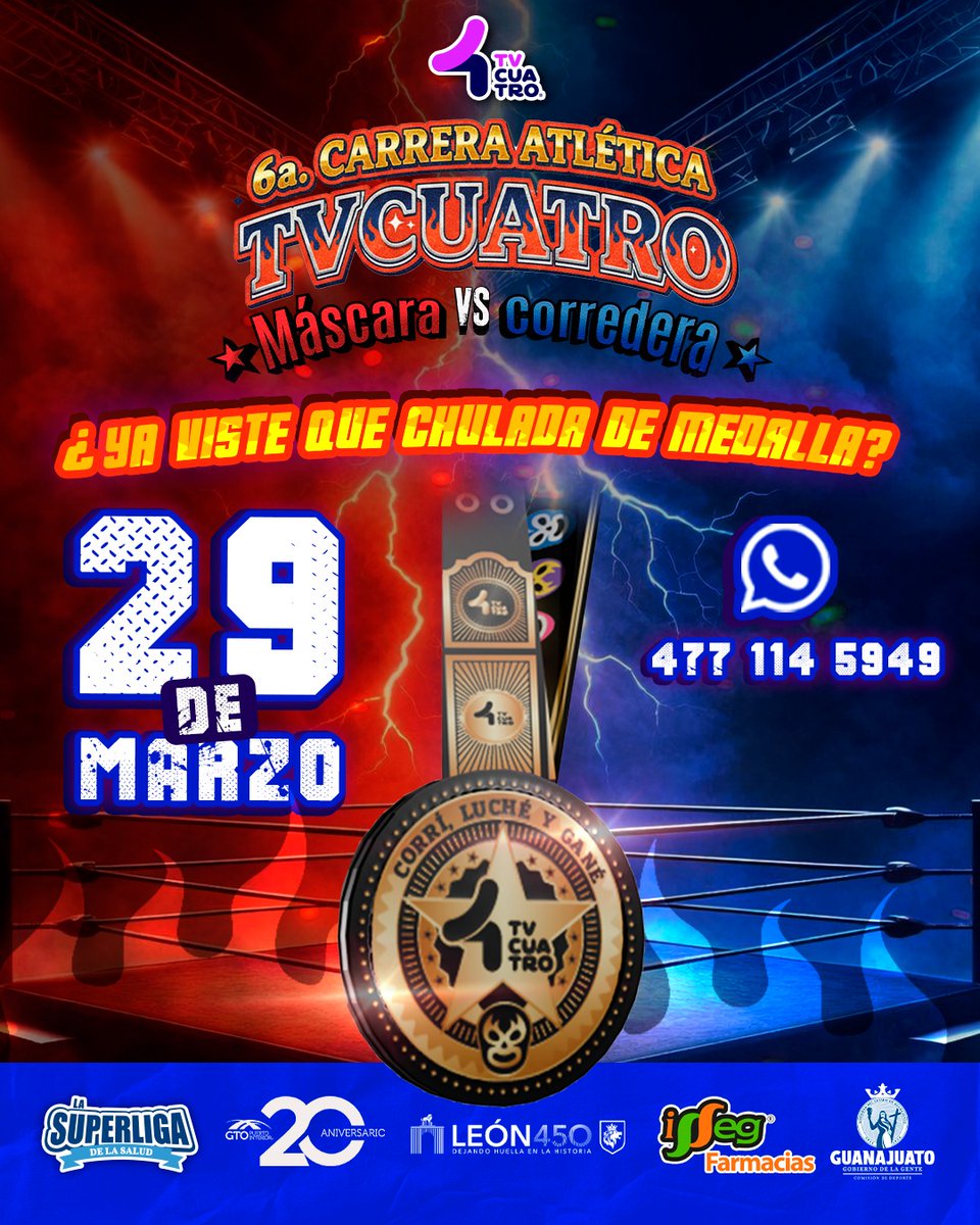 tv4guanajuato's tweet photo. 🏅🏁 Esta chulada de medalla te está esperando al llegar a la meta 🏃💪🎭

🗓️ Venta de fichas:
📍 En TVCUATRO | 🕘 9:00 a 18:00 horas, de lunes a viernes
💻 En línea: https://t.co/bHPTFf4UPd
📞 Informes: 477 114 59 49

#TransmitamosFelicidad https://t.co/TYh2V5CIvU