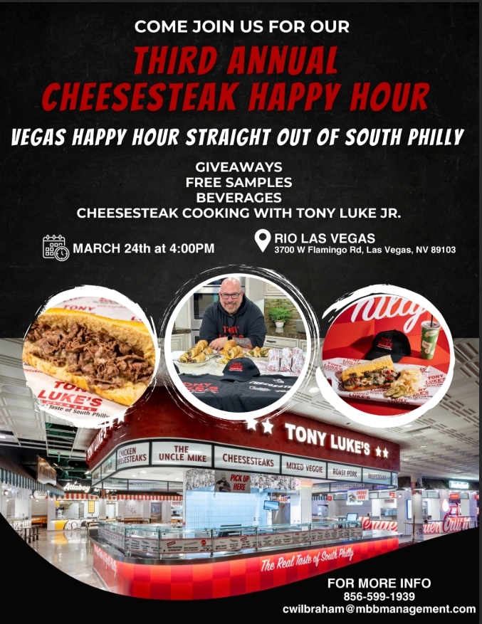 tonylukes's tweet photo. National Cheesesteak Day is getting close! 🥖🔥
We’re counting down to March 24, and there’s no better place to celebrate than with authentic Tony Luke’s cheesesteaks &amp; @TonyLukeJr at the @RioVegas Hotel &amp; Casino
.
#NationalCheesesteakDay #TonyLukes #LasVegasEats #RioHotel https://t.co/aJM0JLY88c