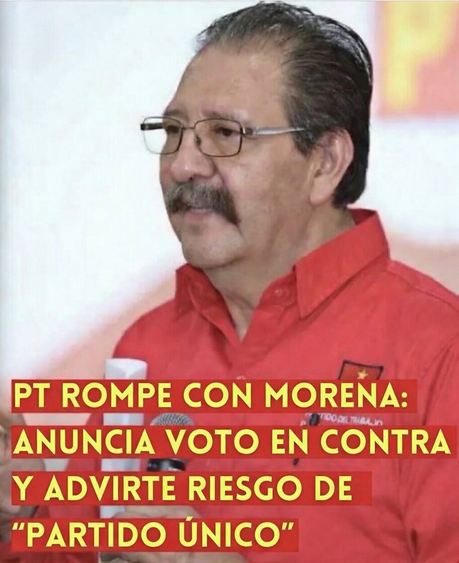 ¡ATENCIÓN! PT ROMPE CON MORENA: ANUNCIA VOTO EN CONTRA Y ADVIERTE RIESGO DE “PARTIDO ÚNICO”.
El Partido del Trabajo anunció que votará en contra de la reforma electoral impulsada por la presidenta Claudia Sheinbaum, argumentando que representa un retroceso democrático y podría