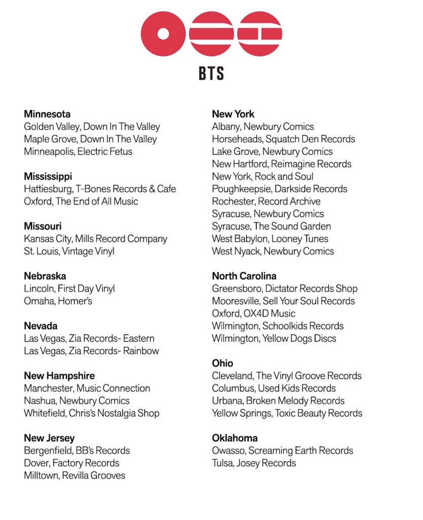 Record Store Day US on Instagram 

ARIRANG
The new <a href="/BTS_twt/">방탄소년단</a> album is coming March 20 and record stores are the place to gather and celebrate! March 20, 21, 22 at record stores across the US — get the new CD, listen together and maybe take home limited edition giveaways and a very