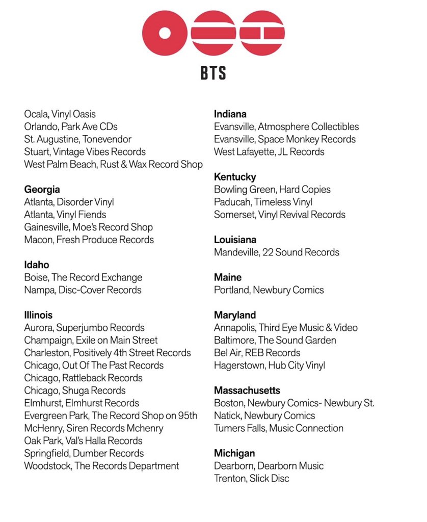 charts_k's tweet photo. Record Store Day US on Instagram 

ARIRANG
The new @BTS_twt album is coming March 20 and record stores are the place to gather and celebrate! March 20, 21, 22 at record stores across the US — get the new CD, listen together and maybe take home limited edition giveaways and a very special prize.