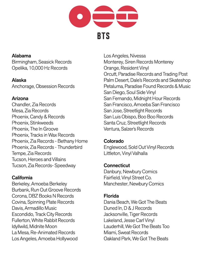 charts_k's tweet photo. Record Store Day US on Instagram 

ARIRANG
The new @BTS_twt album is coming March 20 and record stores are the place to gather and celebrate! March 20, 21, 22 at record stores across the US — get the new CD, listen together and maybe take home limited edition giveaways and a very special prize.