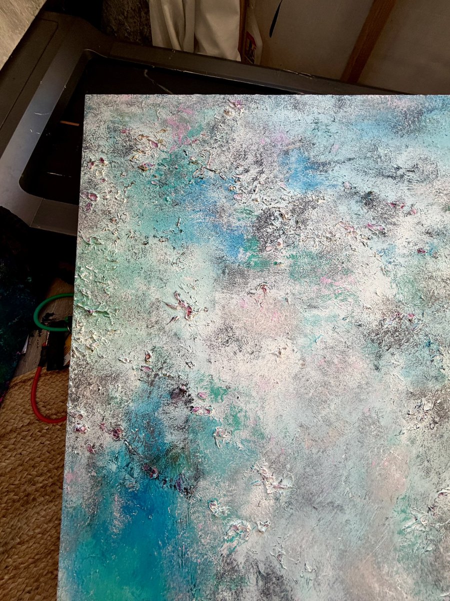 I’m almost done on this 48x48 textured abstract. I want to keep it simple. When I painted over an old one, the texture popped through nicely, I just couldn’t bring myself to take away from that. I’ll let it sit for a few days, like I do, and stare at it periodically. This is