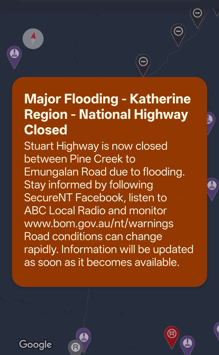 OreboundImages's tweet photo. Further extreme rainfall accumulations in the Katherine River catchment overnight are causing rapid river rises with flood levels now expected to approach and possibly exceed the 2000 flood. The Stuart Highway is now closed, isolating the town, and Darwin to the north ⛈️

#TopEnd https://t.co/1AQAIiEdkG