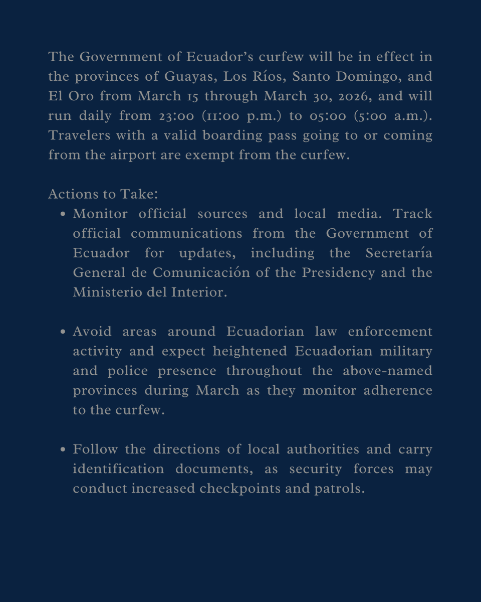 🇪🇨🇺🇸Estados Unidos emite alerta para sus ciudadanos Estadounidenses en territorio Ecuatoriano.

Especialmente en 4 provincias donde se realizarán operaciones en conjunto, esto lo realizó en su momento en Venezuela e Irán.