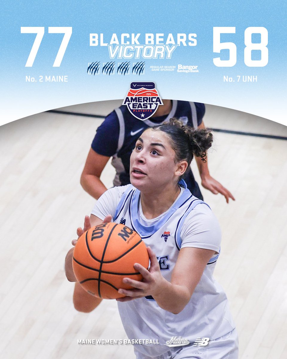 BlackBearsWBB's tweet photo. Moving on!! 

The Black Bears win and advance to the Air Force Reserve @AmericaEast semifinals!

Adi leads the way with 35 points, 15 rebounds, and 5 assist! 

#BlackBearNation // #AEPlayoffs https://t.co/QJWP88gjgP