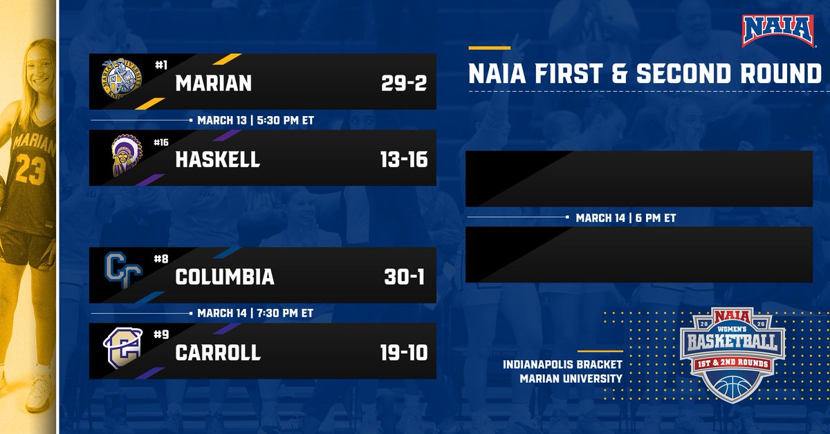 The Bracket Is Set!!

<a href="/MarianUnivWBB/">MarianWBB</a> is the No. 1 seed in the Liston Quadrant of the NAIA Tournament, and the Knights will host Haskell Indian Nations University in the NAIA First Round!

Tip is Friday, March 13, at 5:30 PM in the NAIA Tournament First Round in the PE Center