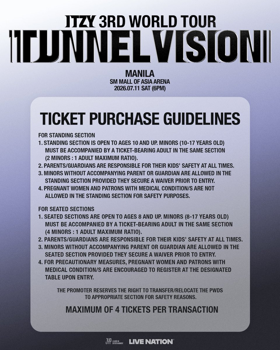 livenationph's tweet image. MIDZY, get ready to scream and dance with YEJI, LIA, RYUJIN, CHAERYEONG, and YUNA live! 😍

ITZY 3RD WORLD TOUR &amp;lt;TUNNEL VISION&amp;gt; in MANILA
📅 July 11, 2026
📍 SM Mall of Asia Arena

🎟️ Here's how to get tickets:
Mastercard Presale: March 19, 10AM – 11:59PM
➡️Use your Mastercard at