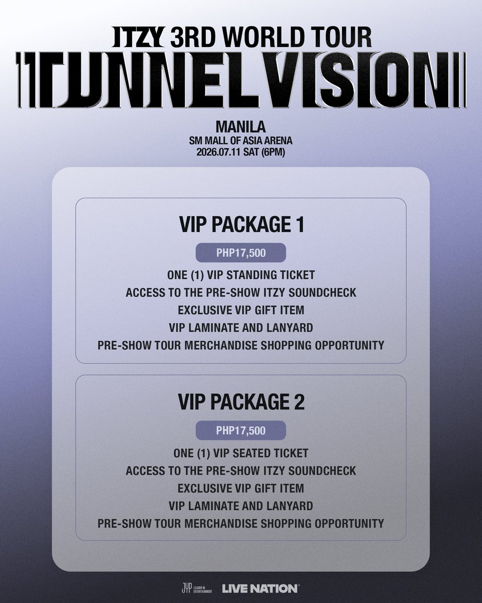 livenationph's tweet image. MIDZY, get ready to scream and dance with YEJI, LIA, RYUJIN, CHAERYEONG, and YUNA live! 😍

ITZY 3RD WORLD TOUR &amp;lt;TUNNEL VISION&amp;gt; in MANILA
📅 July 11, 2026
📍 SM Mall of Asia Arena

🎟️ Here's how to get tickets:
Mastercard Presale: March 19, 10AM – 11:59PM
➡️Use your Mastercard at