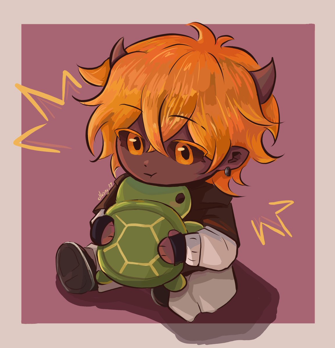 Dibujito de Magma con su peluche de tortuguita(⁠ ⁠╹⁠▽⁠╹⁠ ⁠)
 #MagmaBoiFanart 🧡✨