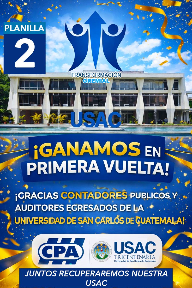 carlos_vills04's tweet image. #eleccionesUSAC #colegios
La planilla 2 gana en primera vuelta en el colegio de Contadores y auditores Públicos. Se convierten en el cuerpo electoral No 20 de oposicion.