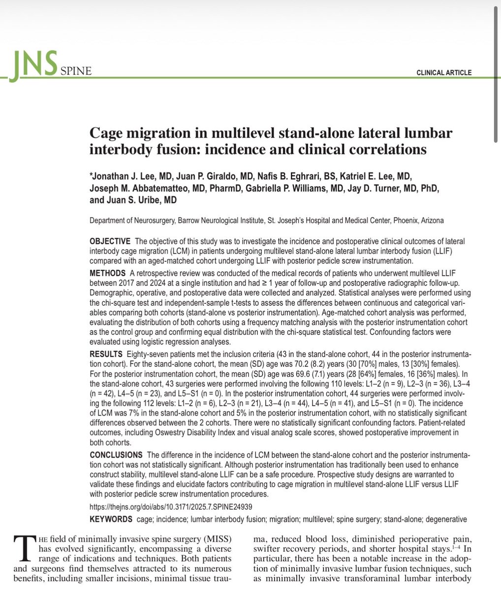 JuanPGiraldoMD's tweet photo. So honored our illustration made the March cover of @JNSSpine! 🎉
It captures our work on cage migration risk after LLIF — and the open question around standalone vs instrumented constructs.
📖 https://t.co/Y83Y70gHDI #JNSSpine #LLIF #SpineSurgery #CageMigration https://t.co/p1KoXrCzhf