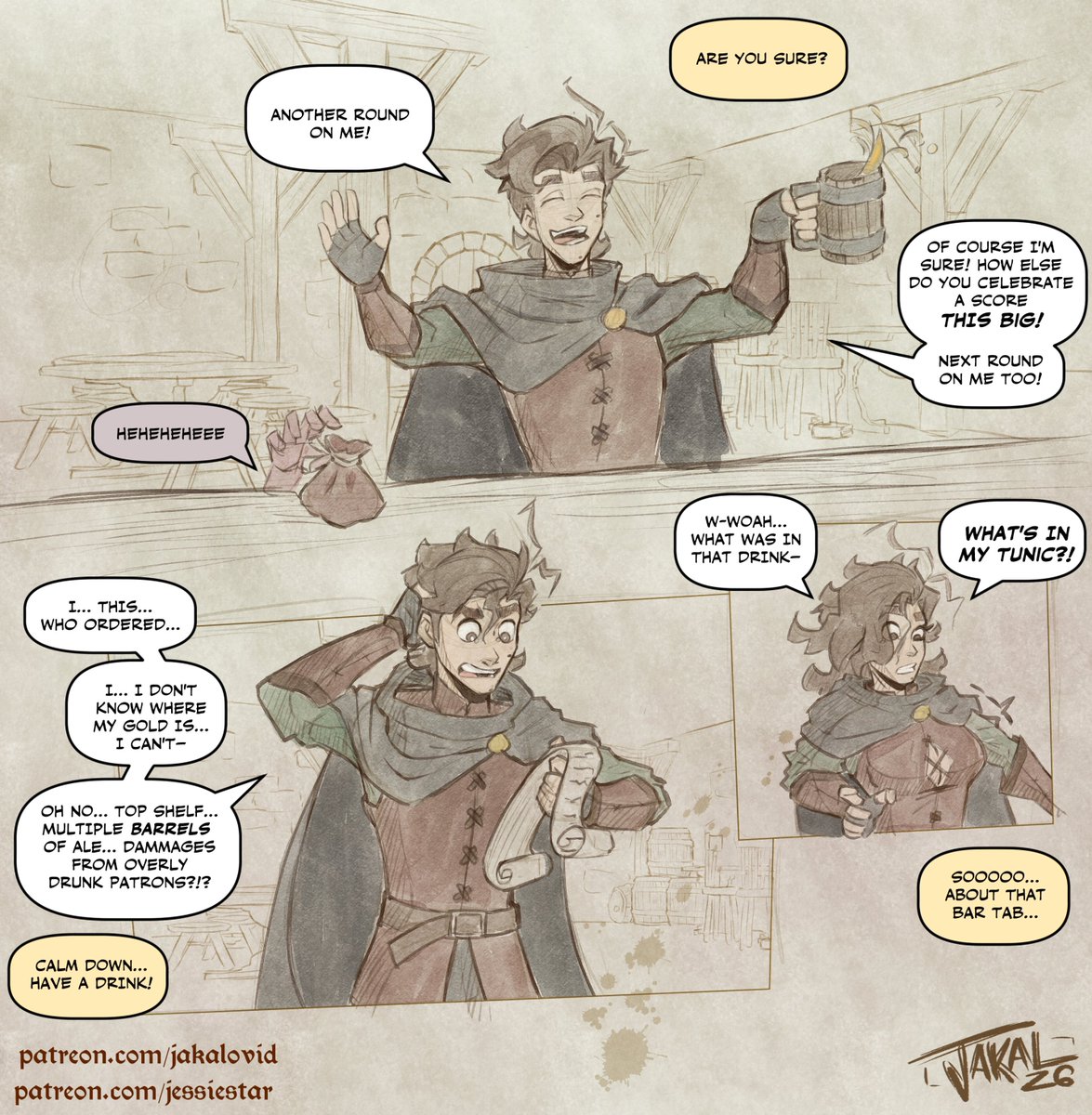 JakalOvid's tweet photo. Wench in the Works, Chapter 1 page 1
Doncha just hate it when some lil gremlin steals your gold and you're left paying the massive-party-induced-tab?
First page in my collab with @JessieStarTF! https://t.co/DM7RsAMWbE