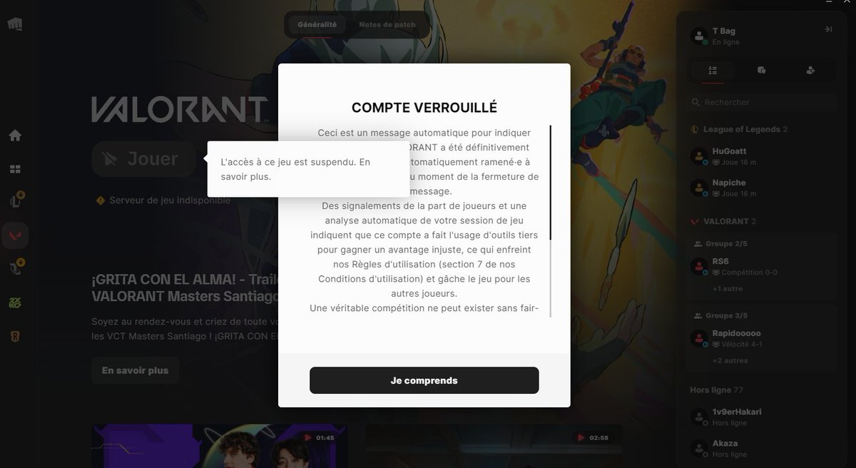 MaaZko_'s tweet photo. .@RiotSupportFR
@RiotGamesFrance
Bonjour,  mon compte Valorant a été suspendu définitivement pour "triche" de ce que je comprend. Je n'ai jamais utilisé quoi que ce soit d'externe au jeu ni même exploiter aucune faille du jeu, est-ce possible de faire quelque chose svp ? https://t.co/Efuj38lp3H