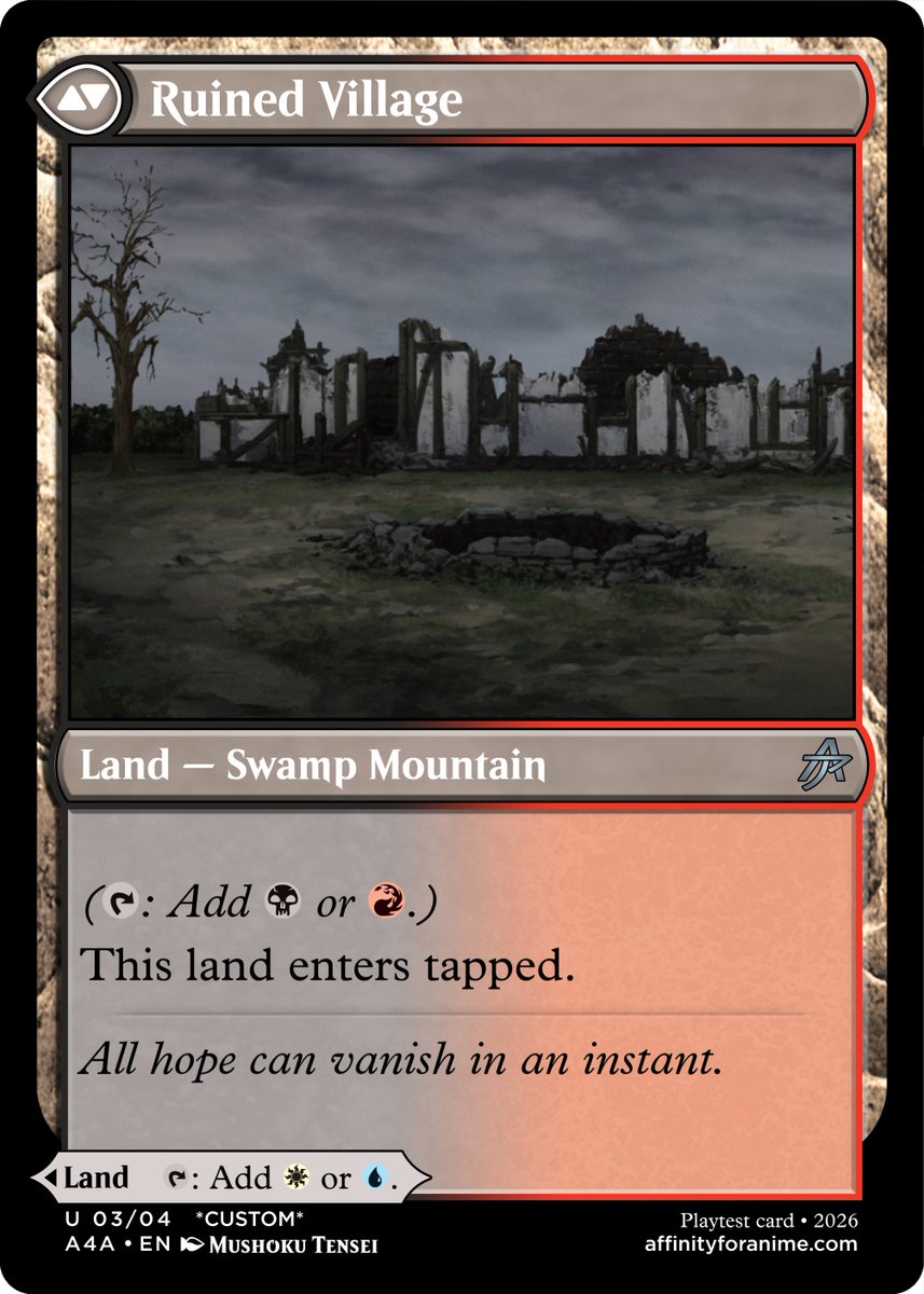 affinity4anime's tweet photo. I've been brainstorming ideas for a four-color land for a while, and I think I've finally come up with an innovative design: a modal dual-faced card with a dual land on each side! Would you play this land in your four-color #EDH deck? #mtg #magicthegathering #custommtg #proxy https://t.co/PM2RmE1Cid