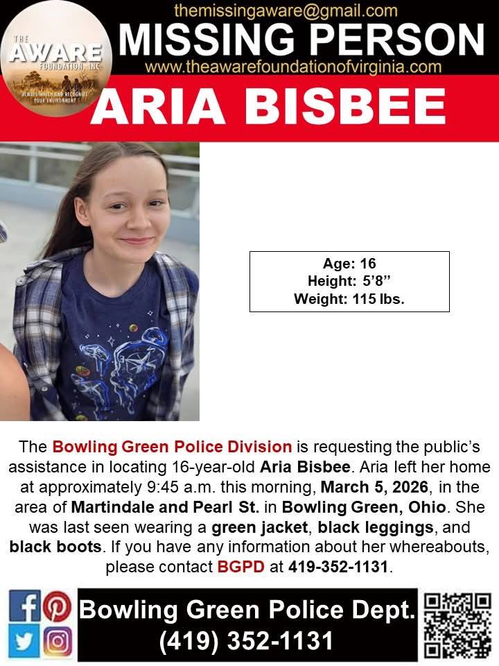 🚨 MISSING JUVENILE – BOWLING GREEN, OHIO 🚨

The Bowling Green Police Division is asking for the public’s help in locating 16-year-old Aria Bisbee.

Aria left her home at approximately 9:45 a.m. this morning (March 5, 2026) in the area of Martindale Ave. and Pearl St. in Bowling