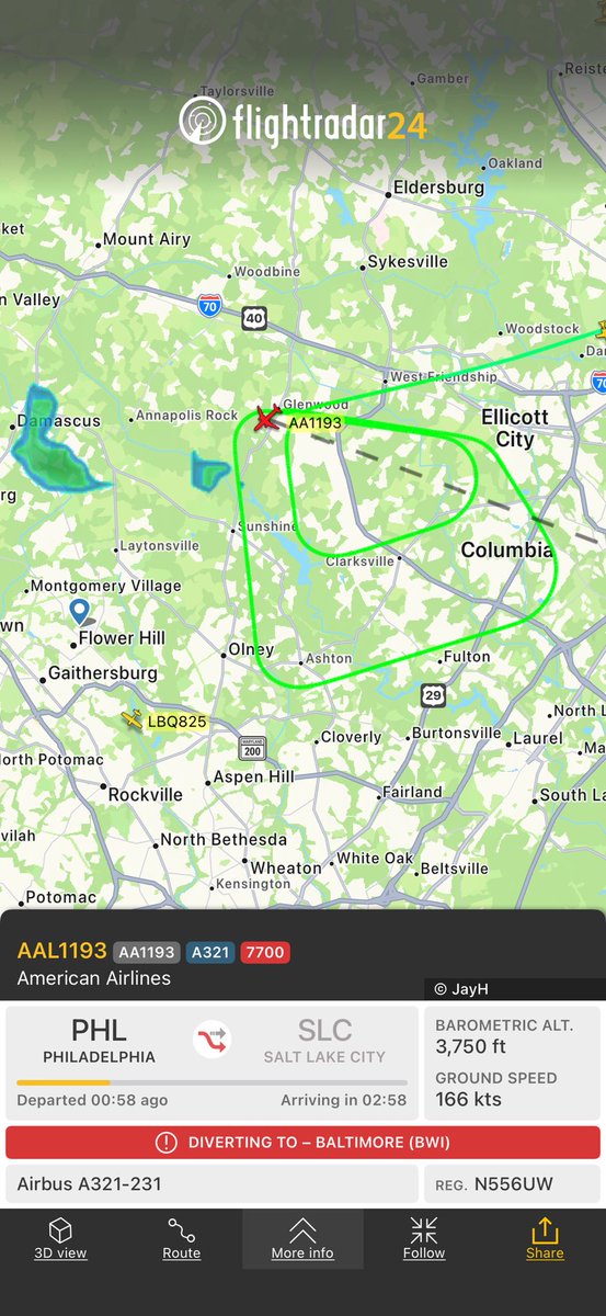 American Airline circling with an inflight emergency. #aa #phl #slc #squawk7700 Flight AA1193 from Philadelphia to Salt Lake City
fr24.com/AAL1193/3e9d94…