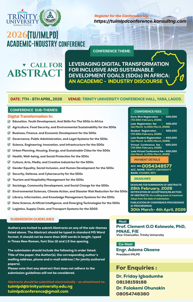 trinityuniyaba's tweet photo. 📢 CALL FOR ABSTRACTS
The 2026 Trinity University Academic–Industry Conference is now open.

Theme:
Digital Transformation for Sustainable Development in Africa.

📅 April 7–8, 2026
📍 Trinity University, Lagos

⏳ Abstract deadline: Feb 28

🔗 Register
https://t.co/zGkFmBx1hj https://t.co/1y2p1Q7siz