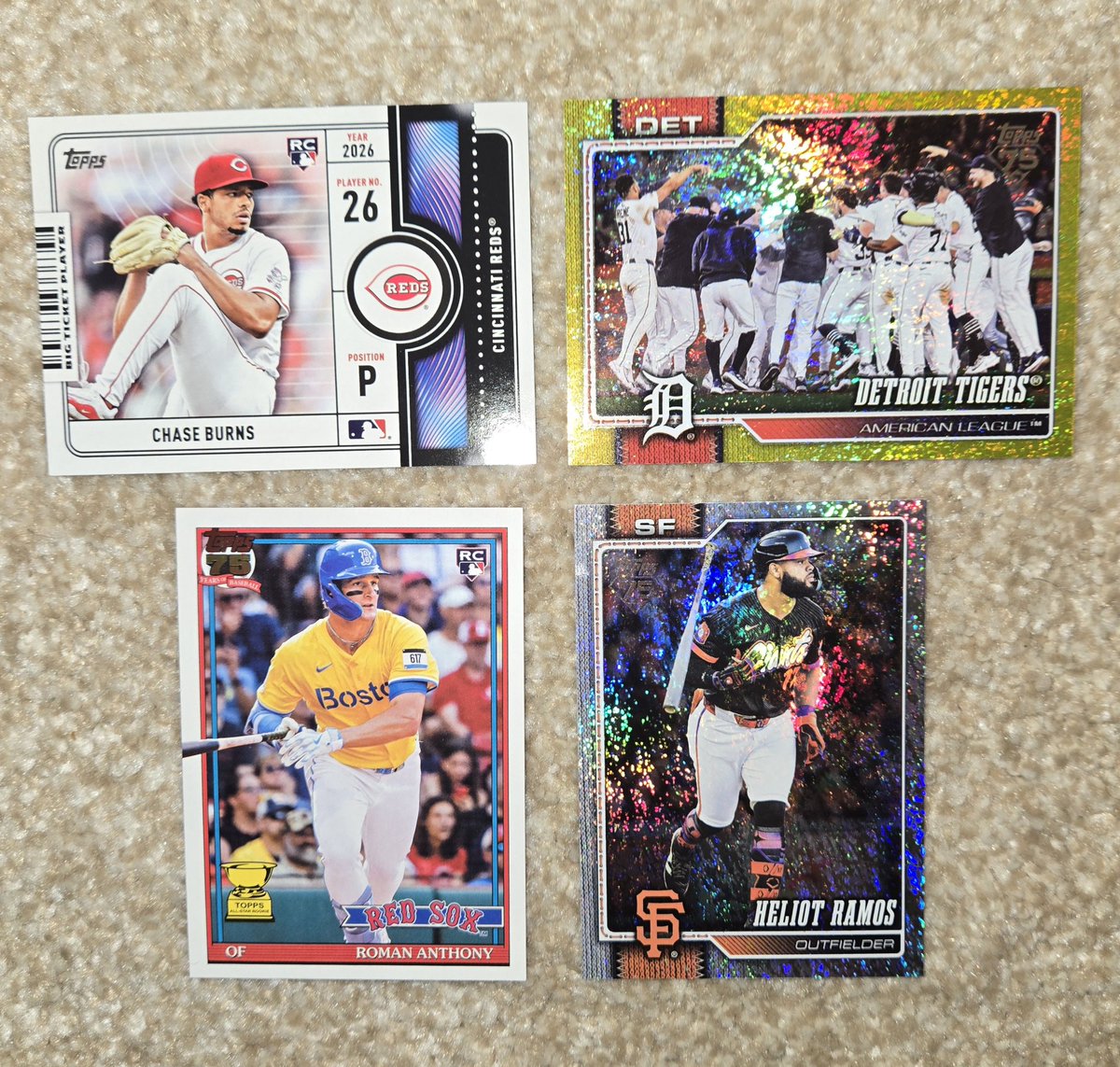 TheRealBigTreaz's tweet image. And finally, the Hits: 
Burns Big Ticket
Tigers #'d to 399
Roman Anthony throwback rookie
Heliot Ramos confetti

Final verdict: Banger!