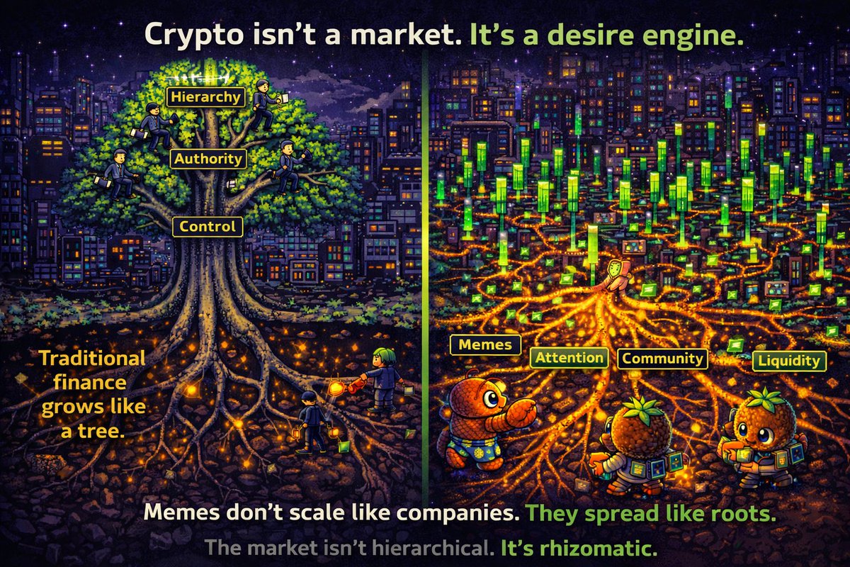 PixelPalmonSol's tweet image. #Memecoin ecosystems behave differently. Instead of the tree of control traditional capital demands, they resemble a #rhizome: a network that spreads horizontally without a central trunk. 

Memes move across #communities, #timelines, and #groupchats, branching outward in