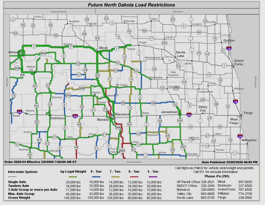 NDPermits's tweet photo. New weight restriction map goes into effect on Monday morning. https://t.co/6UqvmxKfxa