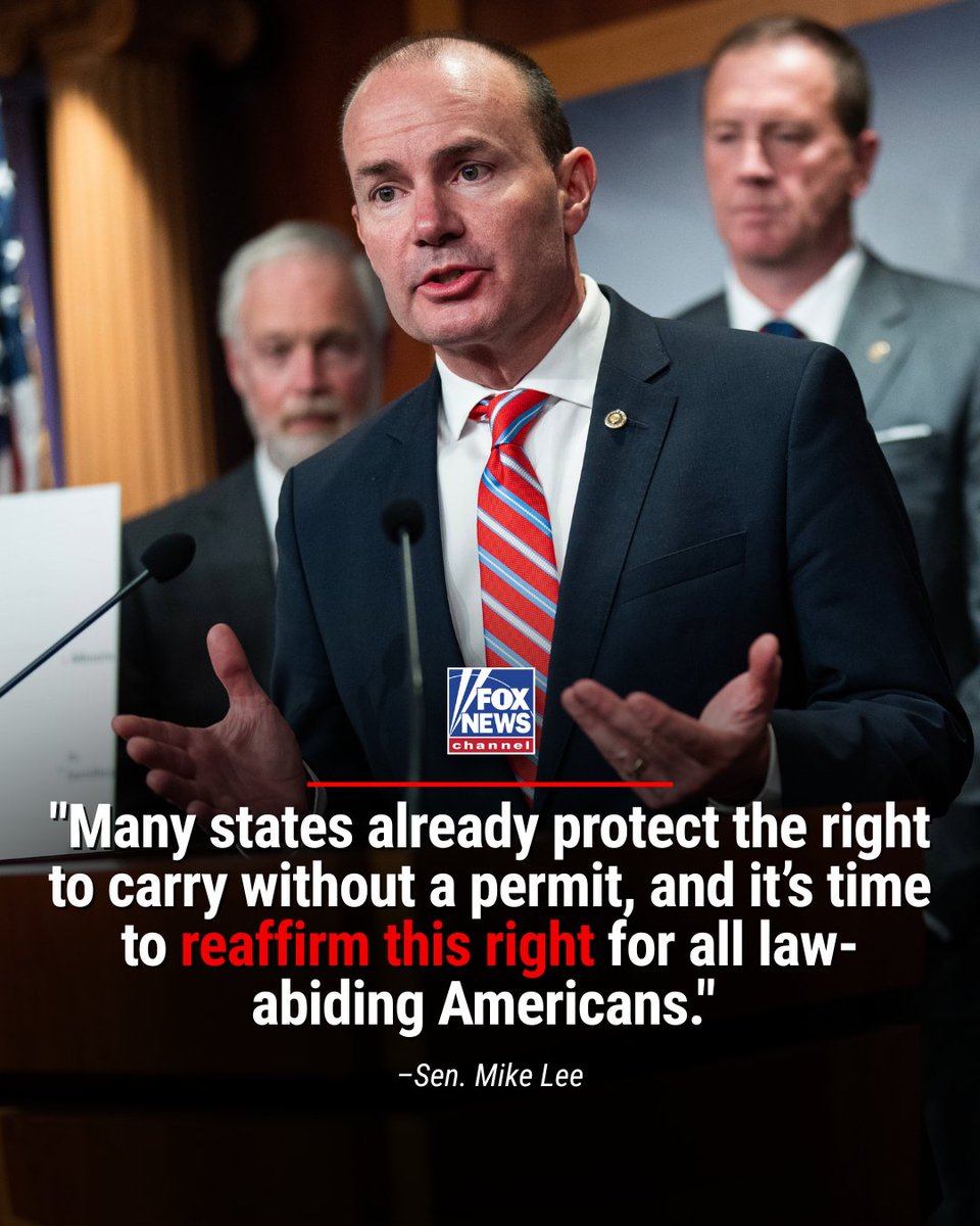 FoxNews's tweet photo. FEDERAL FIREPOWER: Sen. Mike Lee wants gun owners to have more freedom. He's now working to eliminate of concealed carry permits in favor of constitutional carry.

"The Founders established a national right to keep and bear arms, not to ask for permission from hostile local officials or risk imprisonment for crossing the wrong state line," Lee says.

But his bill wouldn't be absolute. Private properties and secure government buildings could still prohibit guns, and people who are not legally allowed to own a firearm would remain barred from carrying one.

The National Association for Gun Rights lauded the bill as "the only legislation that will restore the right of all law-abiding Americans to carry a firearm in every state without having to beg for government permission."