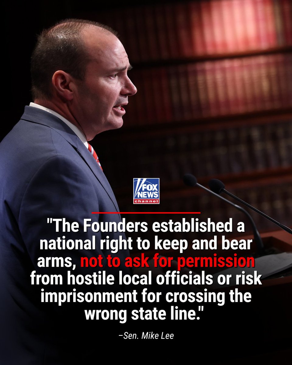 FoxNews's tweet photo. FEDERAL FIREPOWER: Sen. Mike Lee wants gun owners to have more freedom. He's now working to eliminate of concealed carry permits in favor of constitutional carry.

"The Founders established a national right to keep and bear arms, not to ask for permission from hostile local officials or risk imprisonment for crossing the wrong state line," Lee says.

But his bill wouldn't be absolute. Private properties and secure government buildings could still prohibit guns, and people who are not legally allowed to own a firearm would remain barred from carrying one.

The National Association for Gun Rights lauded the bill as "the only legislation that will restore the right of all law-abiding Americans to carry a firearm in every state without having to beg for government permission."