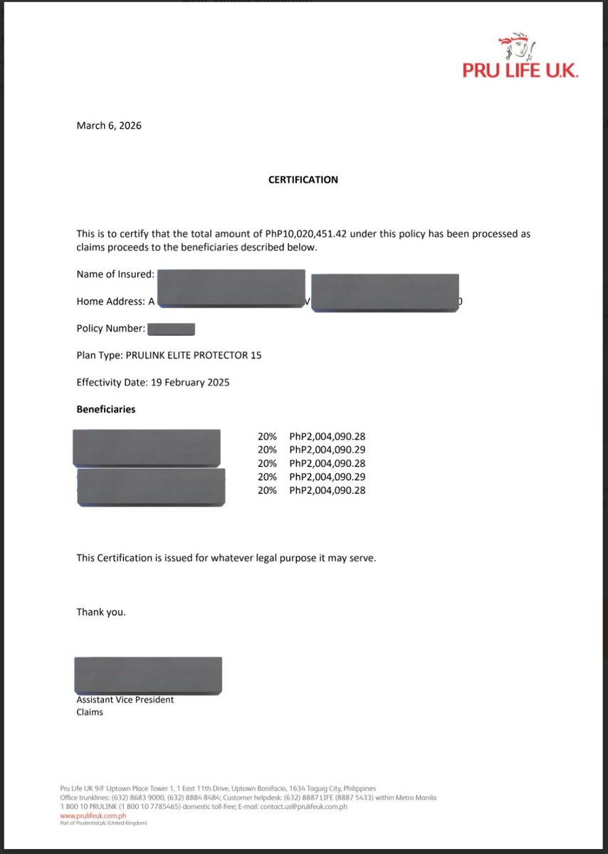 This is how insurance works.

Client Profile: Doctor (Internal Medicine) Age 46.
Monthly Premium ₱17,879.41
10months old policy.
Total Premiums Paid: ₱178,794.10
Total Claim Proceeds: ₱10,020,451.42
Plan: Elite 15 Policy.