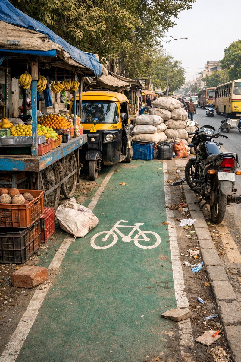 Painted cycle lanes next to chaotic traffic don’t make cities cycle-friendly.

If India wants climate-positive commuting, cycling and walking must have separate corridors away from mainstream traffic.

It’s low capex, high impact infrastructure. 🚲🌱

#SustainableMobility