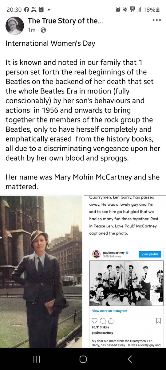 Danhersod's tweet photo. International Women's Day

It's known &amp; noted in our family that 1 person set forth the real beginnings of the Beatles on backend of her death, it set the whole Beatles Era in motion (fully conscionably) by her son's behaviours &amp; actions  in 1956 &amp; onwards..

Mary Mohin McCartney https://t.co/TUmZP0r2FW