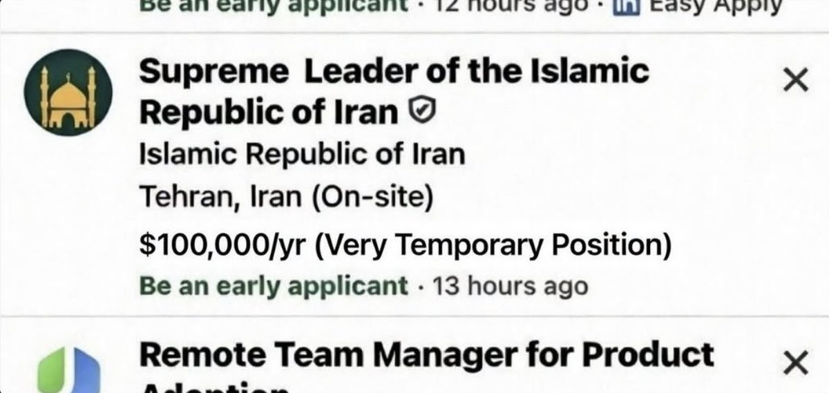 Job Opening: Supreme Leader of the Islamic Republic
Status: Urgent hiring, extremely temporary position

Qualifications:
•Proven experience in Islamic terrorism
•Advanced skills in lying, propaganda, and censorship
•Demonstrated ability in killing your own citizens
•Expert in