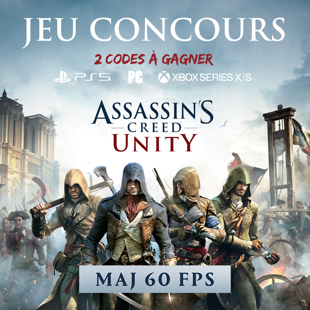 JEU CONCOURS 🎁
La mise à niveau 60FPS d'Assassin's Creed Unity pour les consoles dernière génération est dispo gratuitement ! 🏃‍♂️

On fait gagner 2️⃣ codes :
❤️ Liker le post
✅ S'abonner à <a href="/AssassinsFR/">Assassin's Creed FR</a>
💬 Mentionner votre plateforme de jeu (PS5, Xbox Series ou PC)