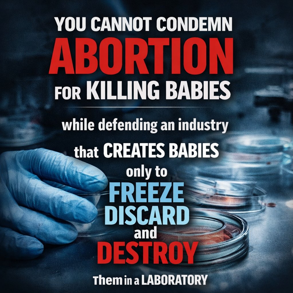 The_Imago_Dei's tweet photo. One thing I have found when talking with Christians, and even pastors from what appear to be solid Bible believing churches, is a deep inconsistency when the subject of life comes up. When abortion is brought into the conversation most will agree that it is the killing of babies and will acknowledge that it is murder.

Yet when the conversation shifts to IVF the response often changes dramatically. The same people who were just agreeing that abortion kills babies will suddenly defend or celebrate the fertility industry as something good, compassionate, and helpful. The moral clarity that existed moments before seems to disappear the moment IVF is mentioned.

Part of the problem is that many people either do not understand how IVF actually works, or they simply have never stopped to think through what the process requires. IVF clinics rarely create just one embryo in hopes that child will be born. Multiple embryos are intentionally created because the industry expects that many will not survive the process or will never be implanted. Some embryos die during the procedure itself. Others are frozen indefinitely in storage. Many are discarded when they are considered unnecessary. Some are destroyed after genetic testing. Others are intentionally destroyed when families decide they no longer want them.

The number of lives lost through this process is staggering. Since IVF became common practice, well over 100 million embryos have been created worldwide, and an enormous number of them have been frozen, discarded, experimented on, or destroyed along the way. These are not disposable medical materials. Each embryo is a distinct human life made in the image of God.

That is why the inconsistency is so serious. You cannot condemn abortion for killing babies while celebrating an industry that routinely creates babies in a laboratory while fully expecting that many of them will be frozen, discarded, or destroyed. The location of the child does not change the moral reality. A child in the womb and a child created in a laboratory are both human beings.

If we are going to be consistent, we cannot remain silent about this. The destruction of human life does not become acceptable simply because it happens in a laboratory instead of an abortion facility. If we truly believe that every human being is made in the image of God, then we must be willing to say that IVF itself is sin.

The destruction of human life is built into the process itself. IVF was designed in a way that guarantees the loss, abandonment, and destruction of children made in the image of God. No amount of regulation can make sin righteous. The answer is not reform. The answer is repentance and abolition.

Christians should not be defending this industry, promoting it, or remaining quiet about it. The church needs to repent of the apathy and inconsistency that has allowed this to continue largely unquestioned. IVF is sin, and like abortion it must be abolished. Every child, whether in the womb or in a laboratory, deserves equal protection under the law because every child is made in the image of God.